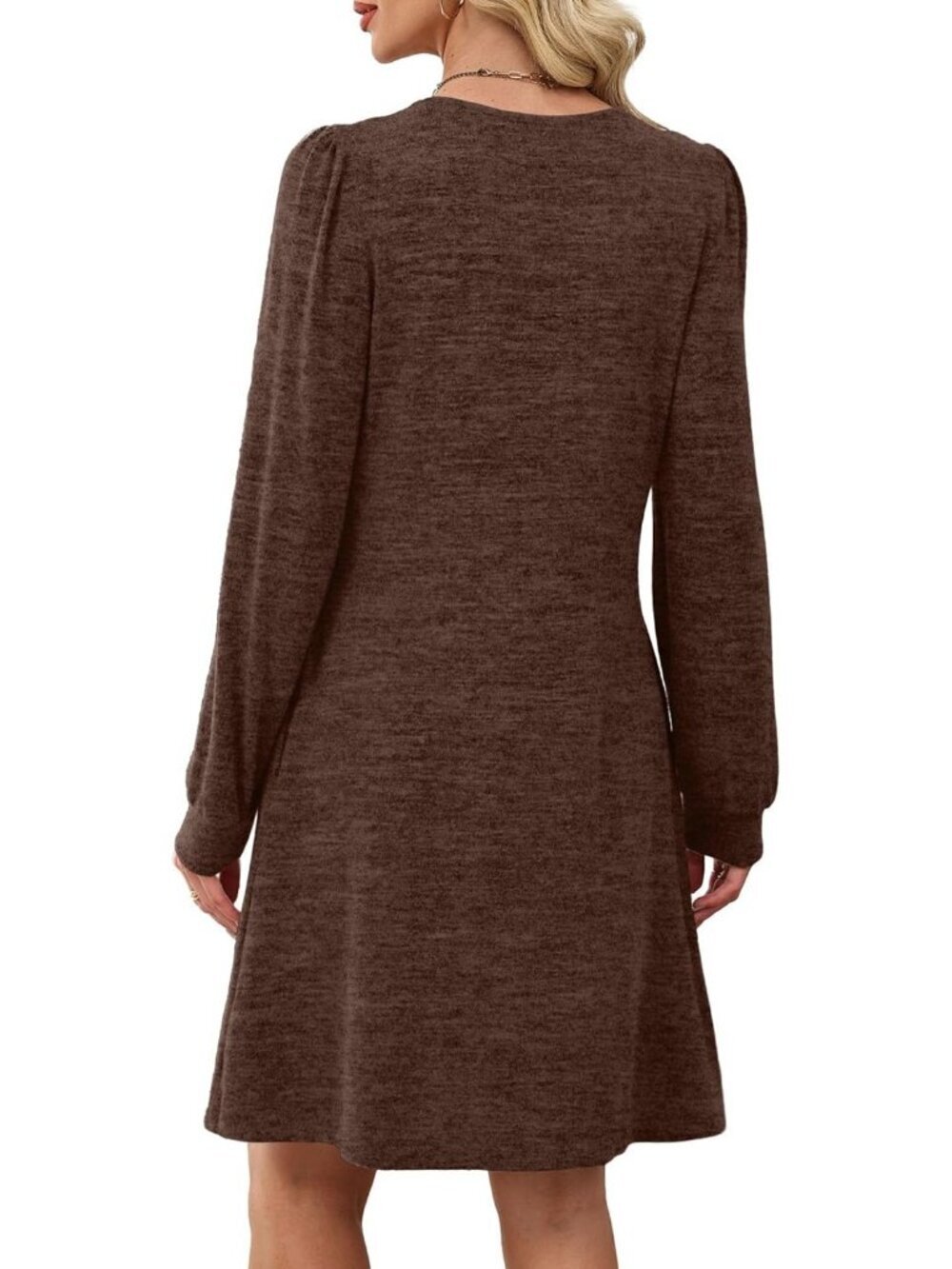 Women's Brown Pleated Crew Neck Pockets Fall Baby Doll Sweater Mini Dress - Picture 5 of 5